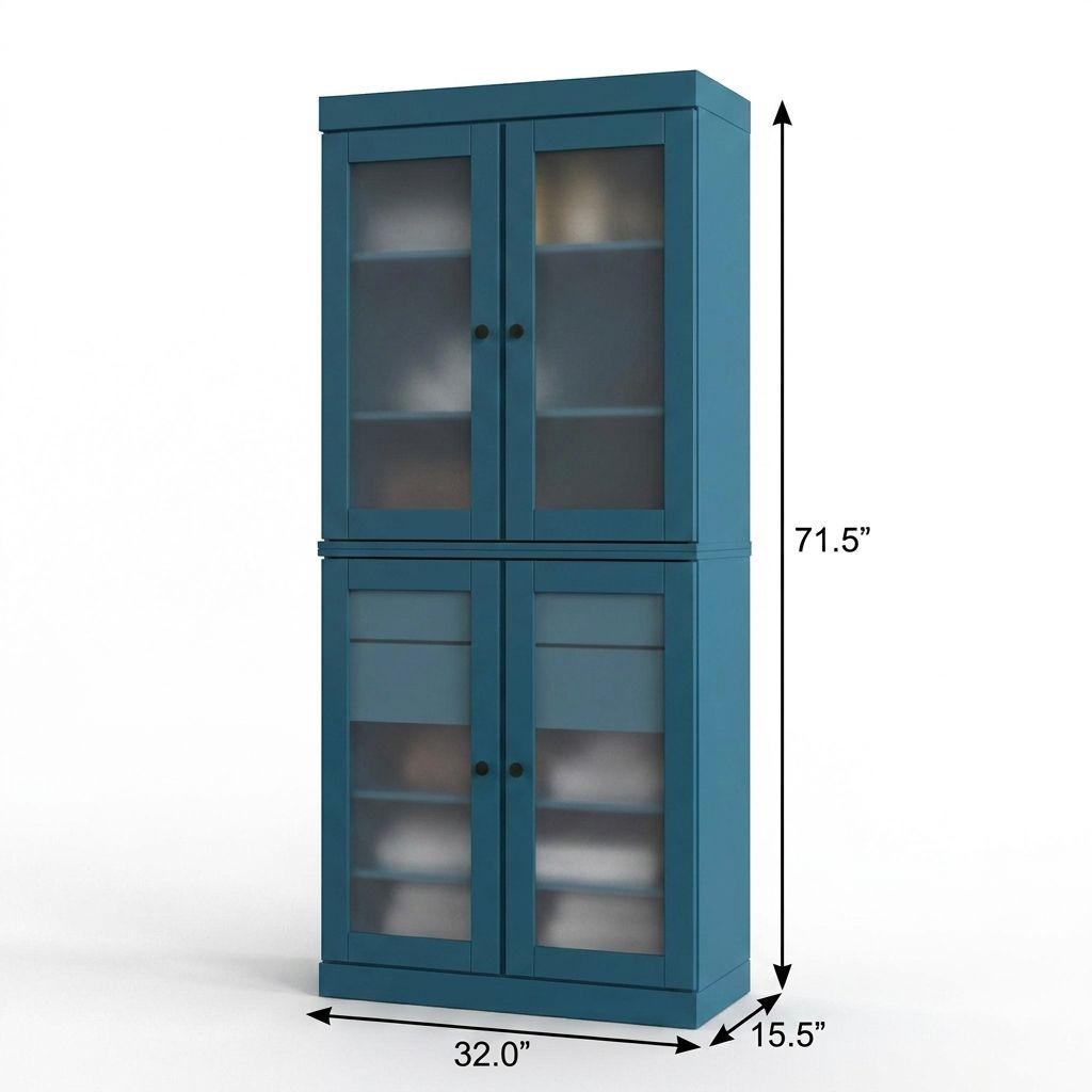 32" Teal Blue Solid Wood Glass Panel Inlay Double Door Linen Cabinet - HomeRoots - Flyclothing LLC
