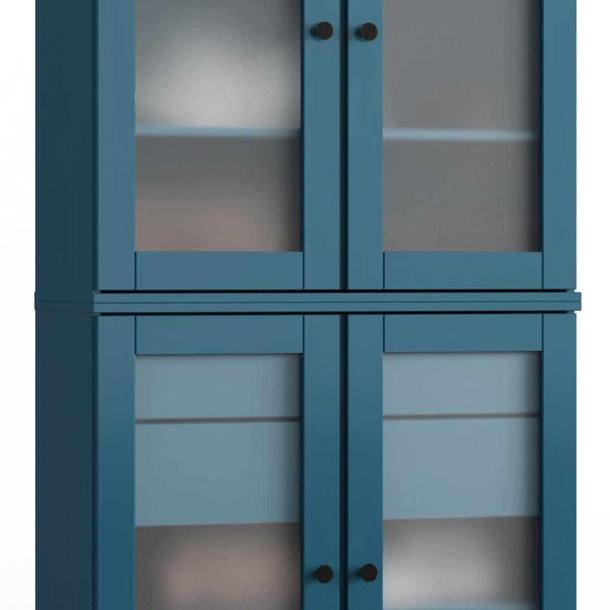 32" Teal Blue Solid Wood Glass Panel Inlay Double Door Linen Cabinet - HomeRoots - Flyclothing LLC
