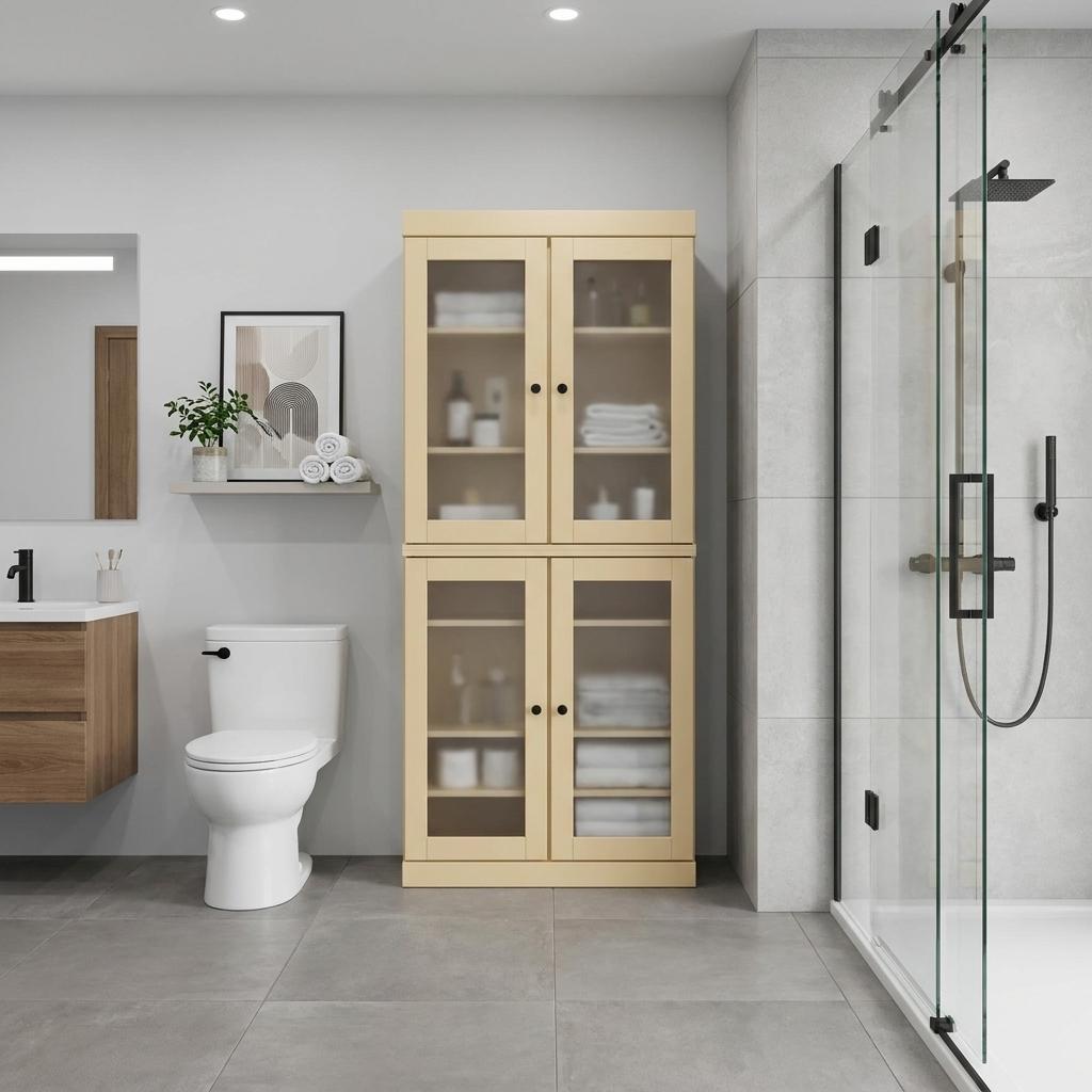 32" Yellow Solid Wood Glass Panel Inlay Double Door Linen Cabinet - HomeRoots - Flyclothing LLC