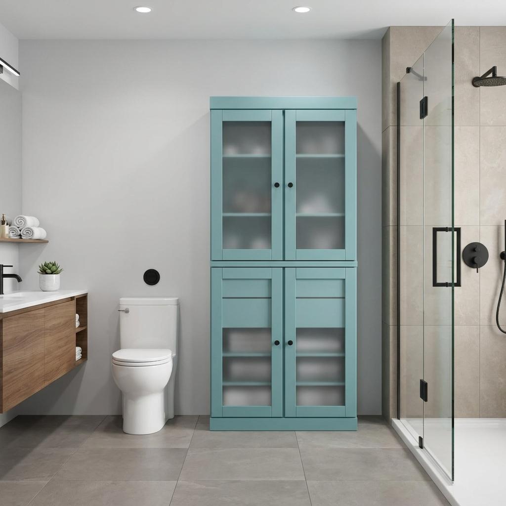 32" Aqua Solid Wood Glass Panel Inlay Double Door Linen Cabinet - HomeRoots - Flyclothing LLC