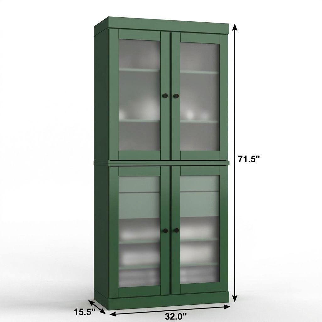 32" Green Solid Wood Glass Panel Inlay Double Door Linen Cabinet - HomeRoots - Flyclothing LLC