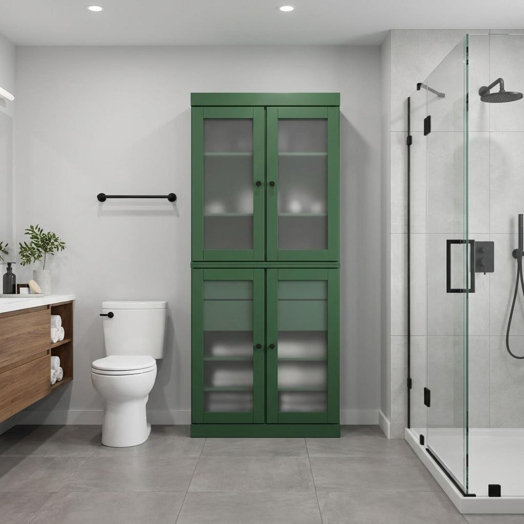 32" Green Solid Wood Glass Panel Inlay Double Door Linen Cabinet - HomeRoots - Flyclothing LLC