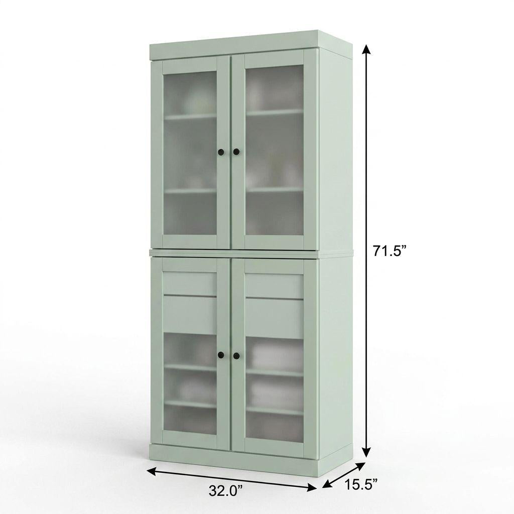 32" Sage Solid Wood Glass Panel Inlay Double Door Linen Cabinet - HomeRoots - Flyclothing LLC