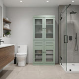 32" Sage Solid Wood Glass Panel Inlay Double Door Linen Cabinet - HomeRoots - Flyclothing LLC