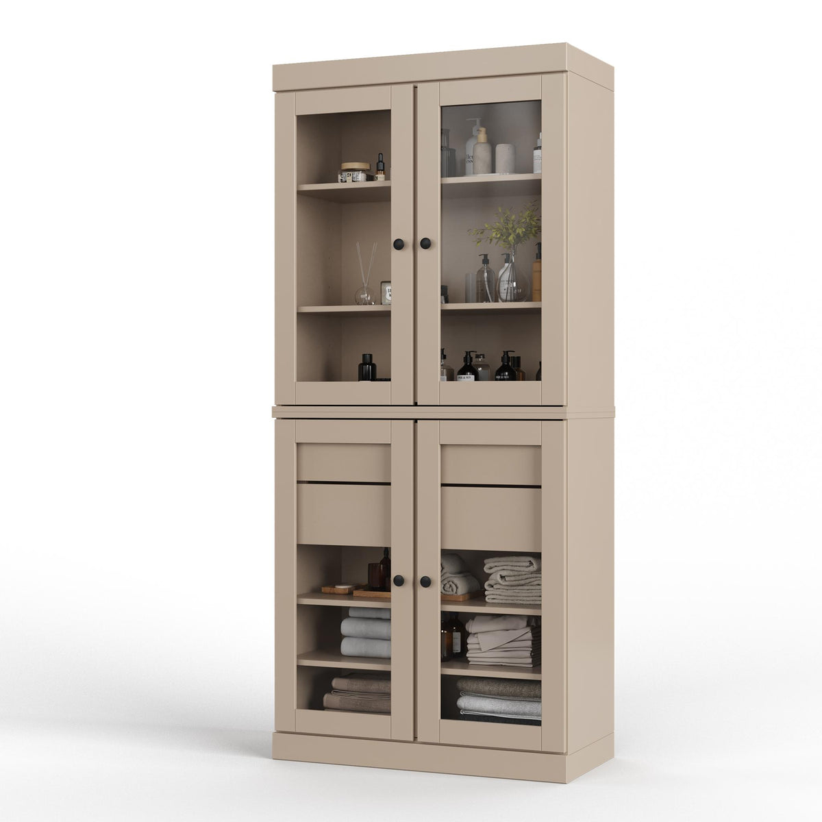 32" Beige Solid Wood Glass Panel Inlay Double Door Linen Cabinet - HomeRoots - Flyclothing LLC