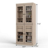 32" Beige Solid Wood Glass Panel Inlay Double Door Linen Cabinet - HomeRoots - Flyclothing LLC
