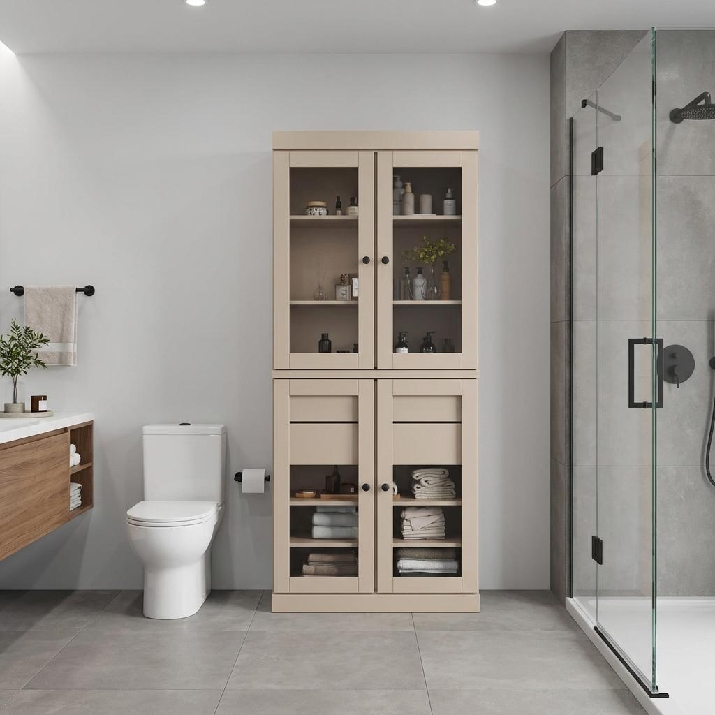 32" Beige Solid Wood Glass Panel Inlay Double Door Linen Cabinet - HomeRoots - Flyclothing LLC
