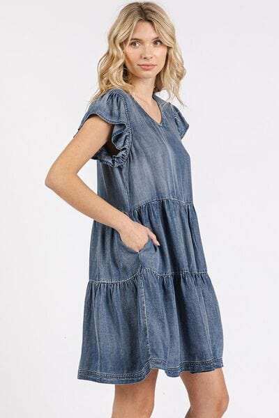 Mittoshop V-Neck Ruffled Cap Sleeve Mini Dress - Trendsi - Flyclothing LLC