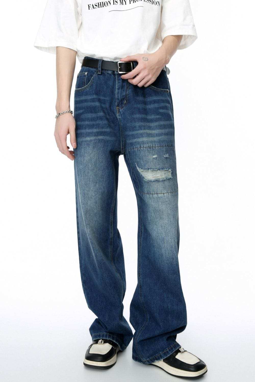 Men's Distressed Applique Straight Jeans - Trendsi - Flyclothing LLC