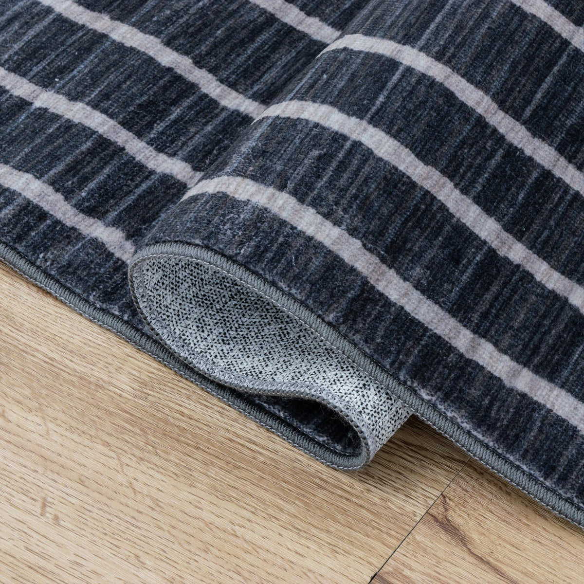 8' Charcoal And Cream Striped Distressed Washable Runner Rug - HomeRoots - Flyclothing LLC
