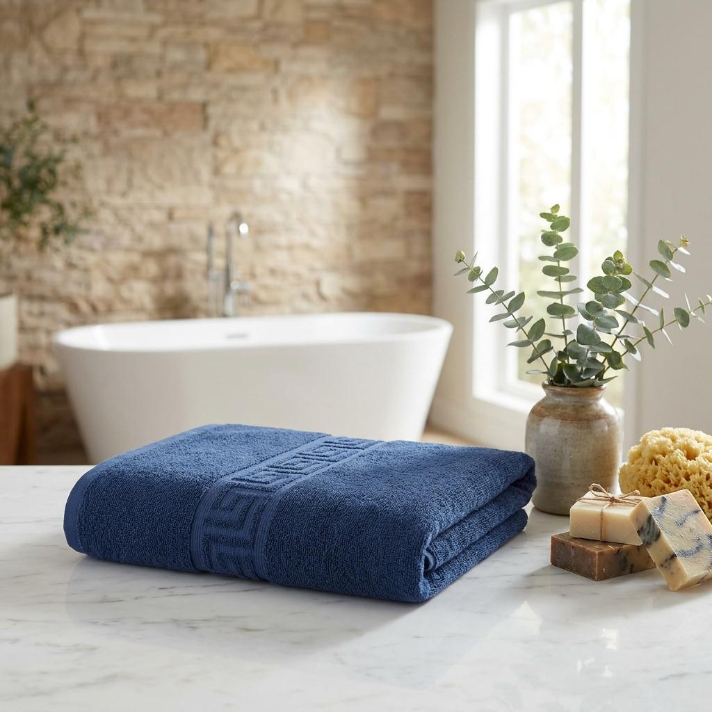 Navy Blue Greek Key Turkish Cotton 30" X 16" Hand Towel - HomeRoots - Flyclothing LLC