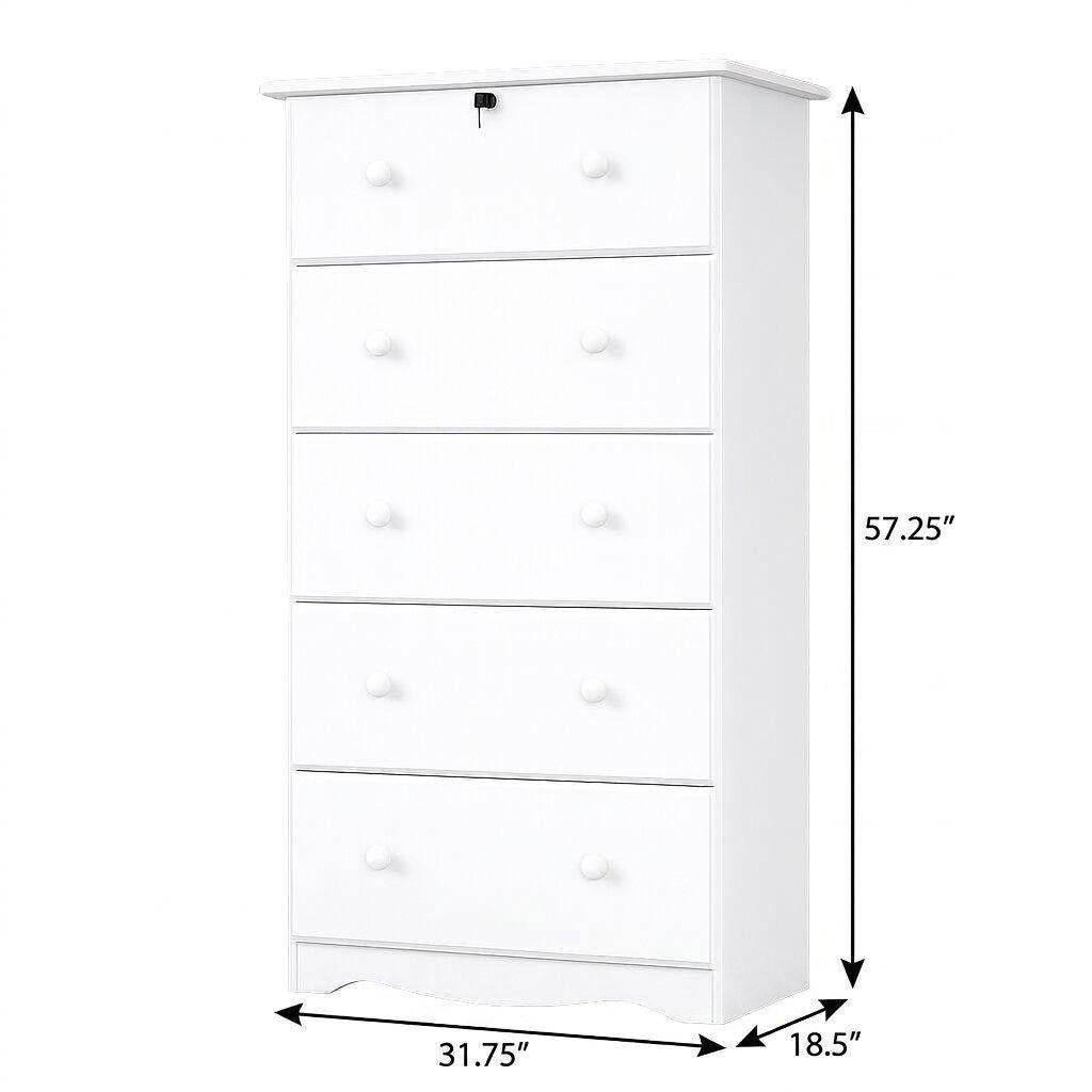 32" White Solid Wood Five Drawer Dresser - HomeRoots - Flyclothing LLC