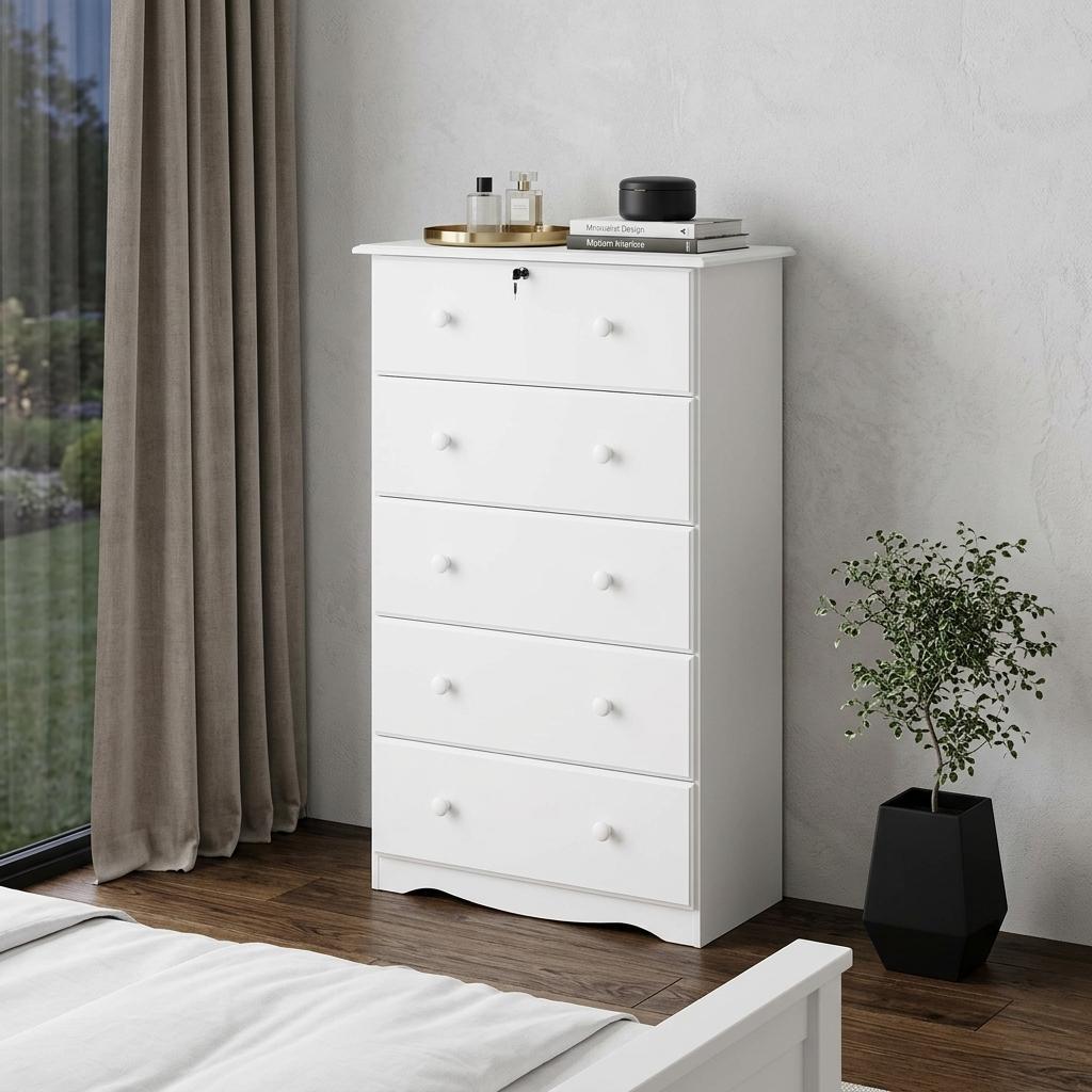 32" White Solid Wood Five Drawer Dresser - HomeRoots - Flyclothing LLC