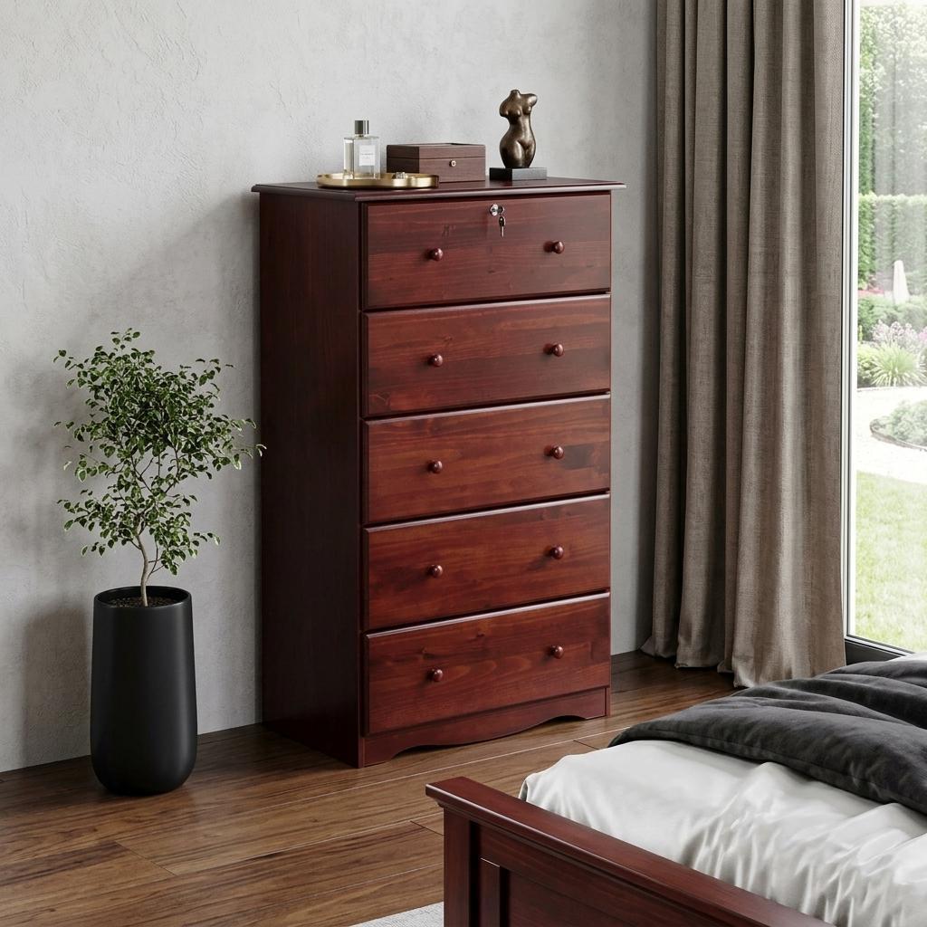 32" Mahogany Solid Wood Five Drawer Dresser - HomeRoots - Flyclothing LLC