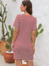 Cutout Striped Round Neck Short Sleeve Dress - Trendsi - Flyclothing LLC