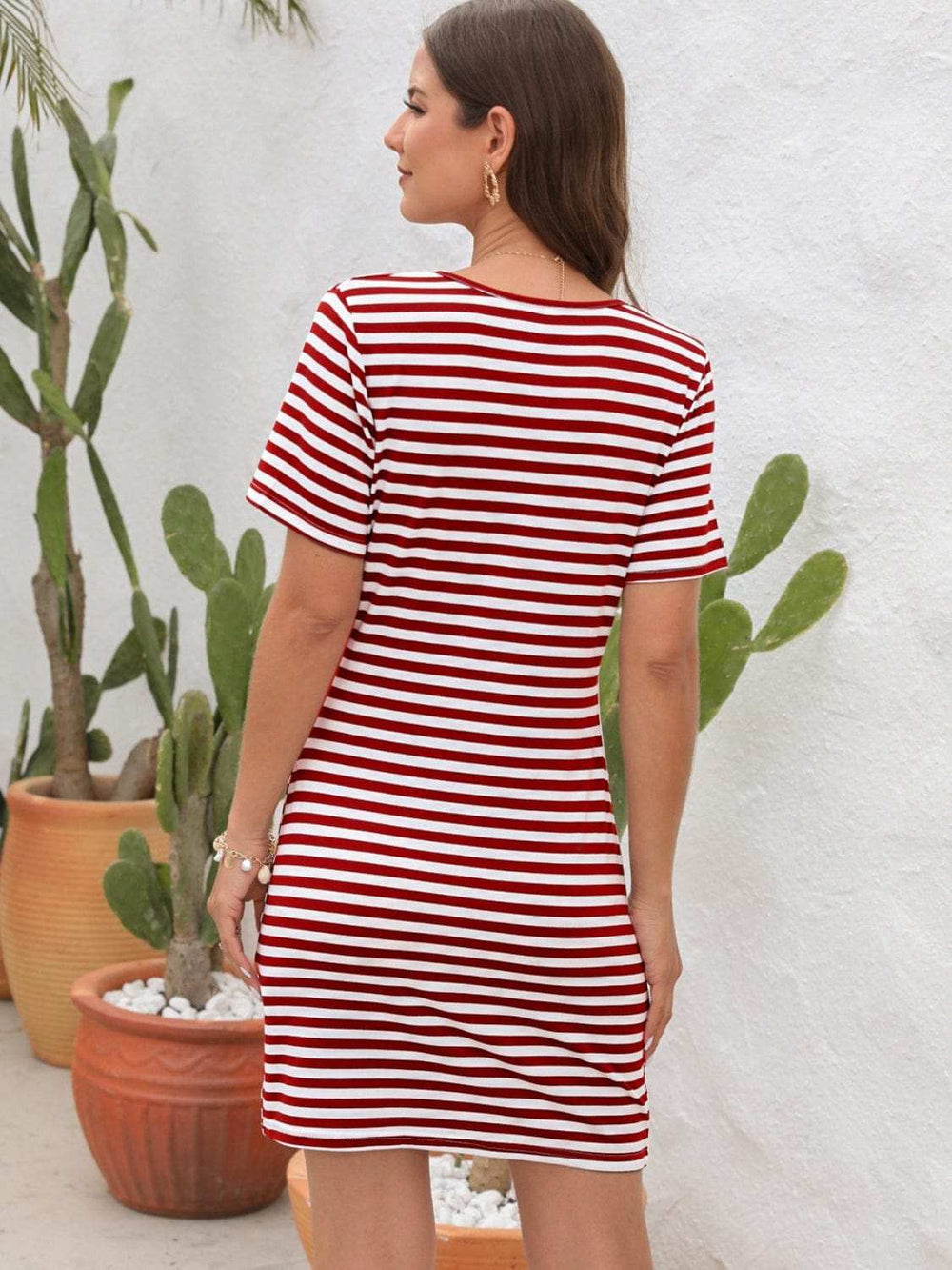 Cutout Striped Round Neck Short Sleeve Dress - Trendsi - Flyclothing LLC