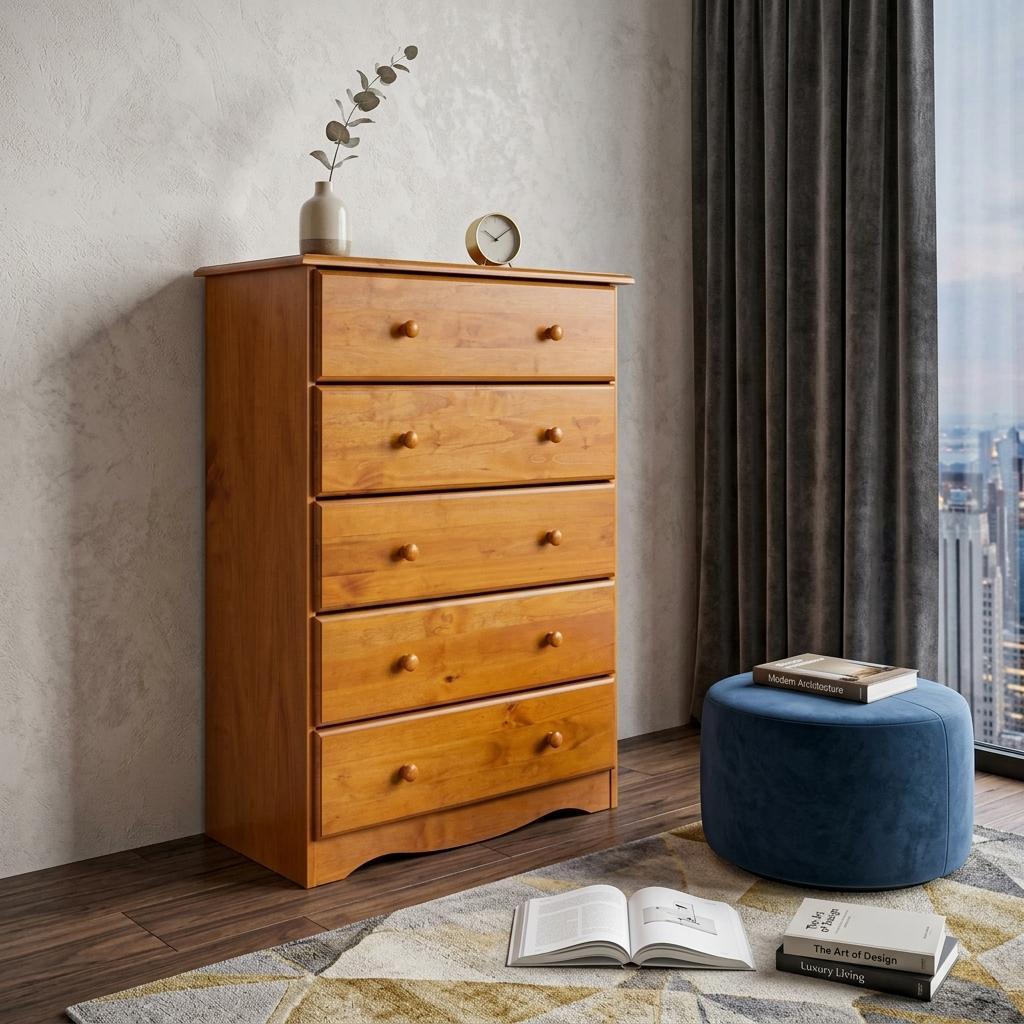 32" Golden Brown Solid Wood Five Drawer Dresser - HomeRoots - Flyclothing LLC