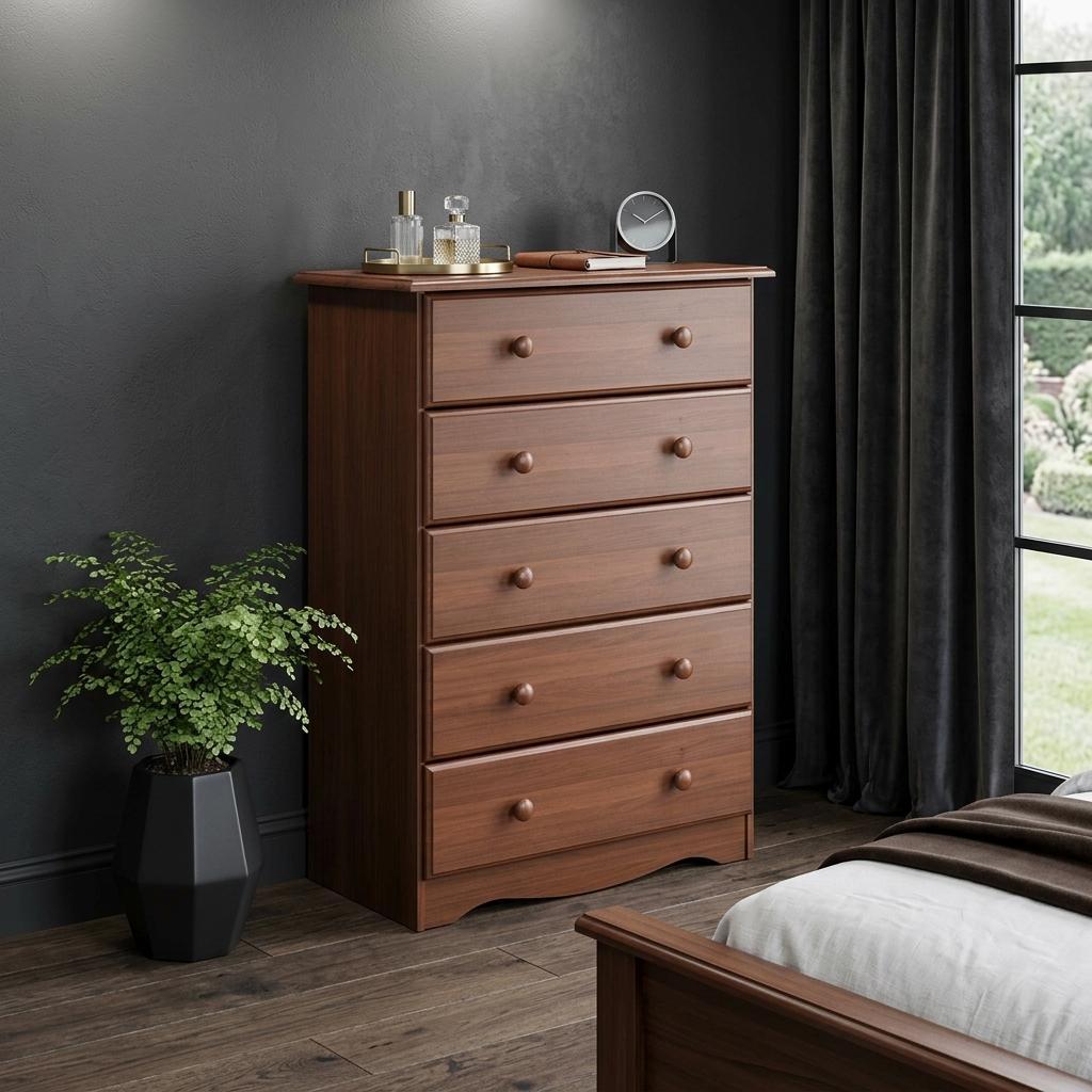 32" Coffee Solid Wood Five Drawer Dresser - HomeRoots - Flyclothing LLC