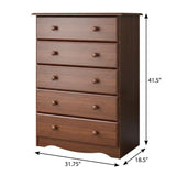 32" Coffee Solid Wood Five Drawer Dresser - HomeRoots - Flyclothing LLC