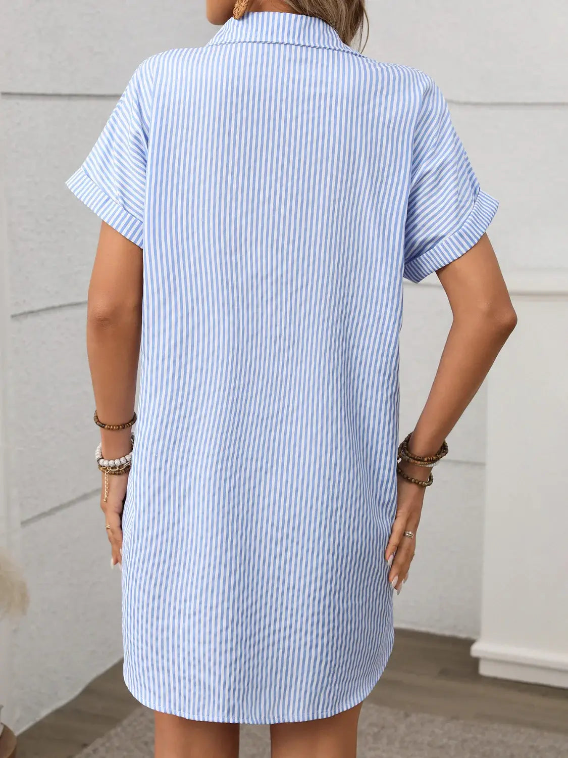 Striped Button Down Short Sleeve Mini Dress - Trendsi - Flyclothing LLC