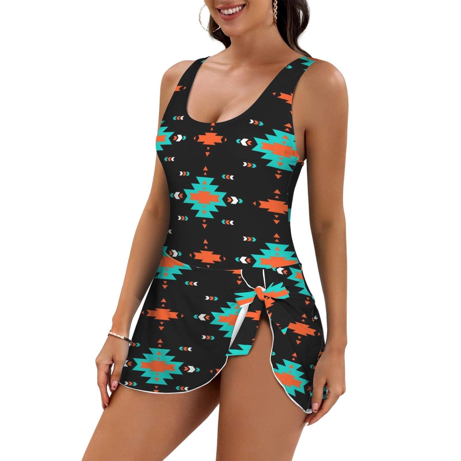Baha Ranch Turquoise Orange Aztec Skirted Swimsuit - Baha Ranch Western Wear - Flyclothing LLC