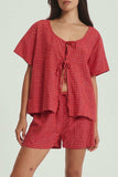 Plaid Tied Scoop Neck Short Sleeve Top and Drawstring Shorts Set - Trendsi - Flyclothing LLC