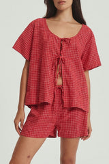Plaid Tied Scoop Neck Short Sleeve Top and Drawstring Shorts Set - Trendsi