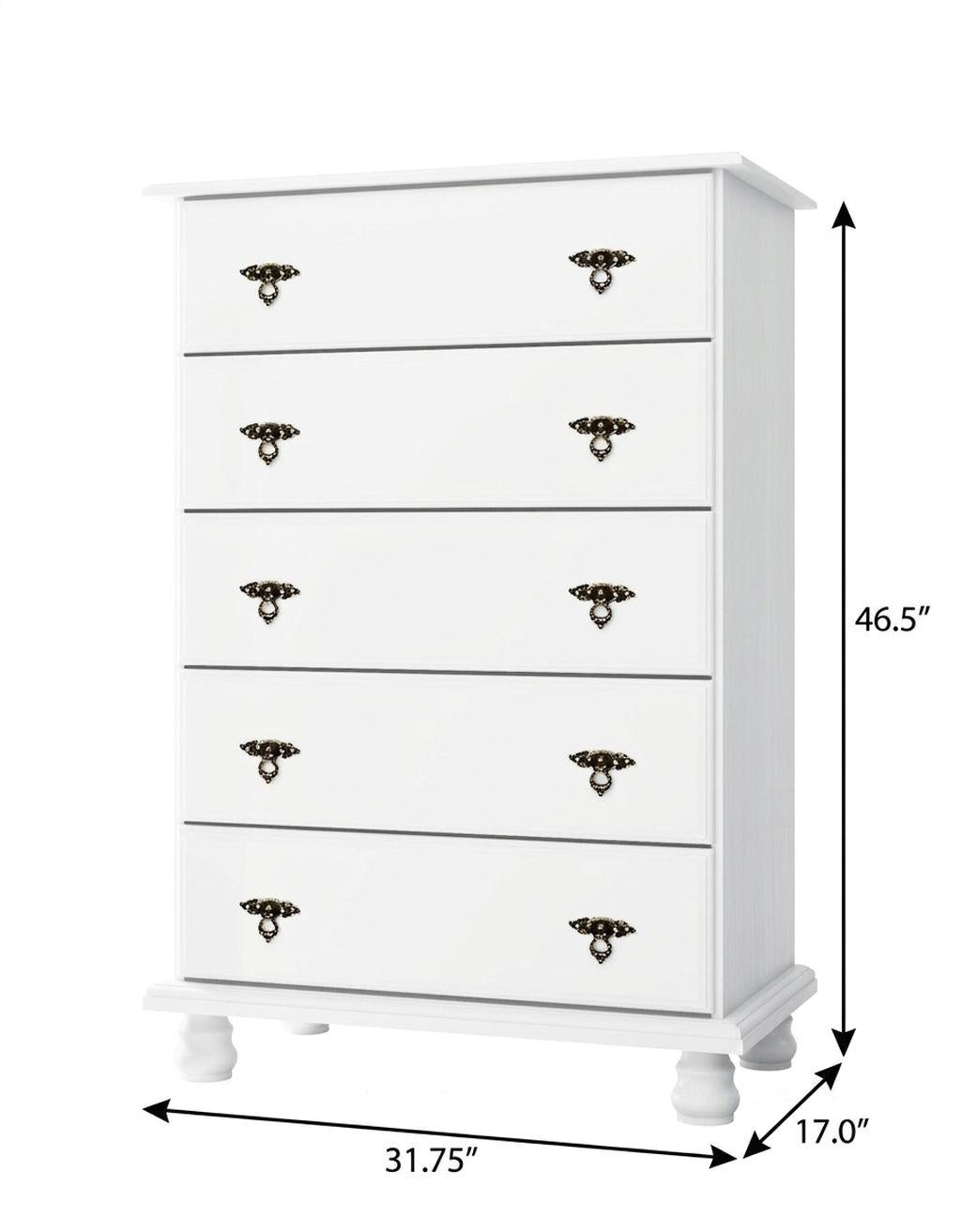32" White Solid Wood Five Drawer Dresser - HomeRoots - Flyclothing LLC