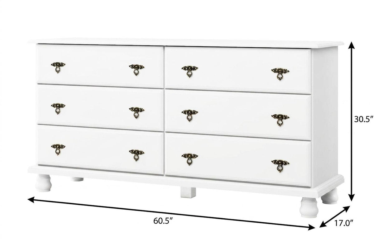 61" White Solid Wood Six Drawer Dresser - HomeRoots - Flyclothing LLC