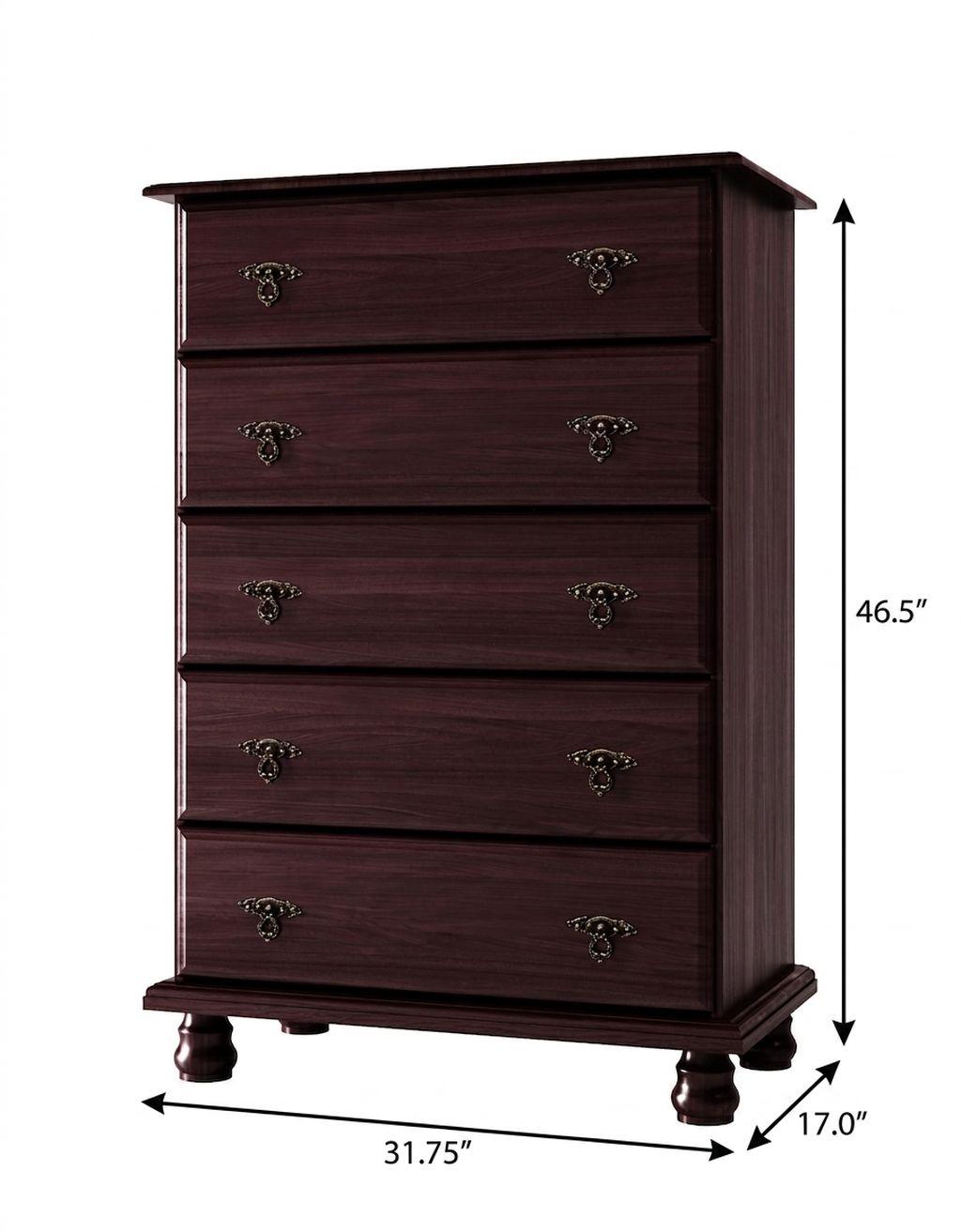 32" Dark Brown Solid Wood Five Drawer Dresser - HomeRoots - Flyclothing LLC
