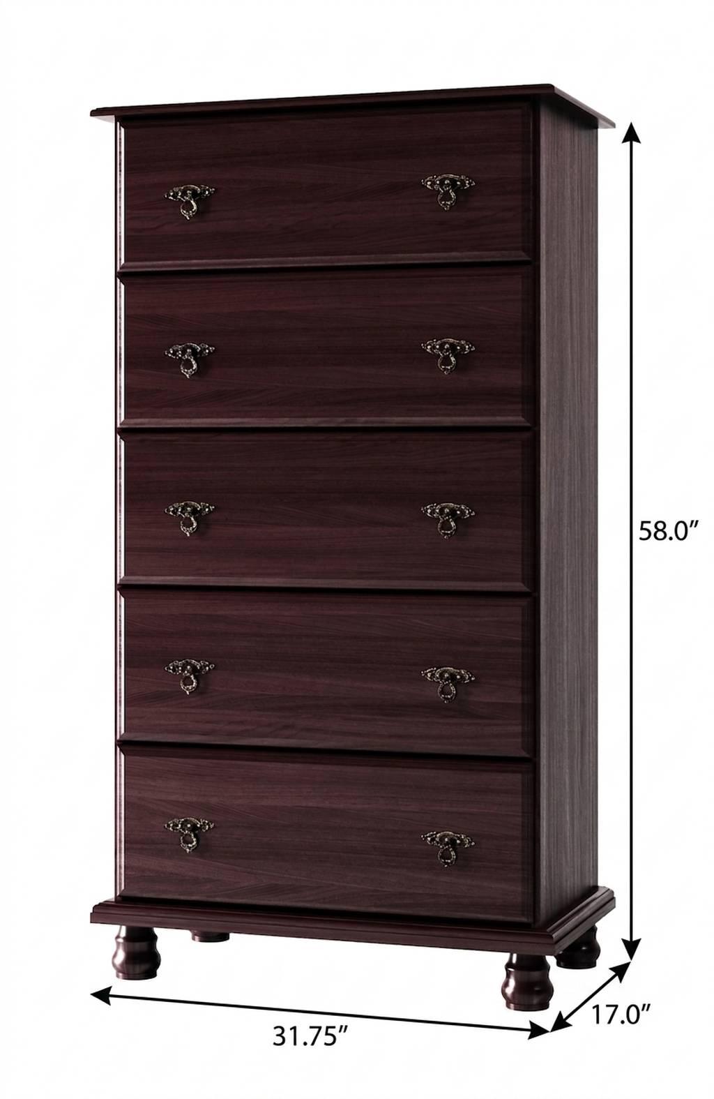 32" Dark Brown Solid Wood Five Drawer Dresser - HomeRoots - Flyclothing LLC