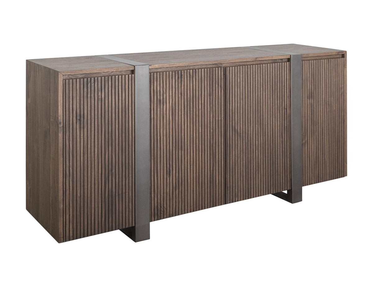 69" Brown Distressed Wood And Steel Ribbed Texture Sideboard With Four Doors - HomeRoots - Flyclothing LLC