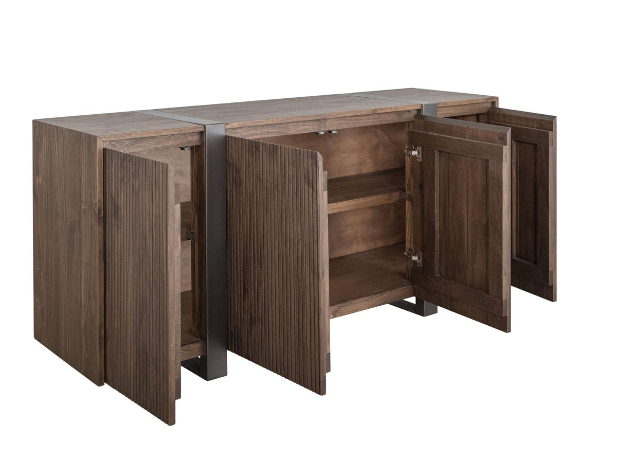 69" Brown Distressed Wood And Steel Ribbed Texture Sideboard With Four Doors - HomeRoots - Flyclothing LLC