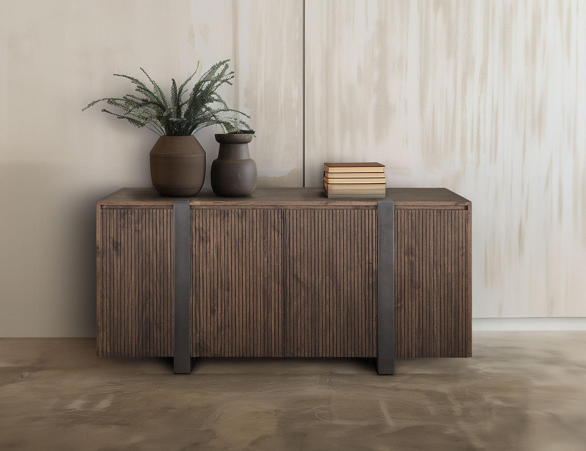 69" Brown Distressed Wood And Steel Ribbed Texture Sideboard With Four Doors - HomeRoots - Flyclothing LLC