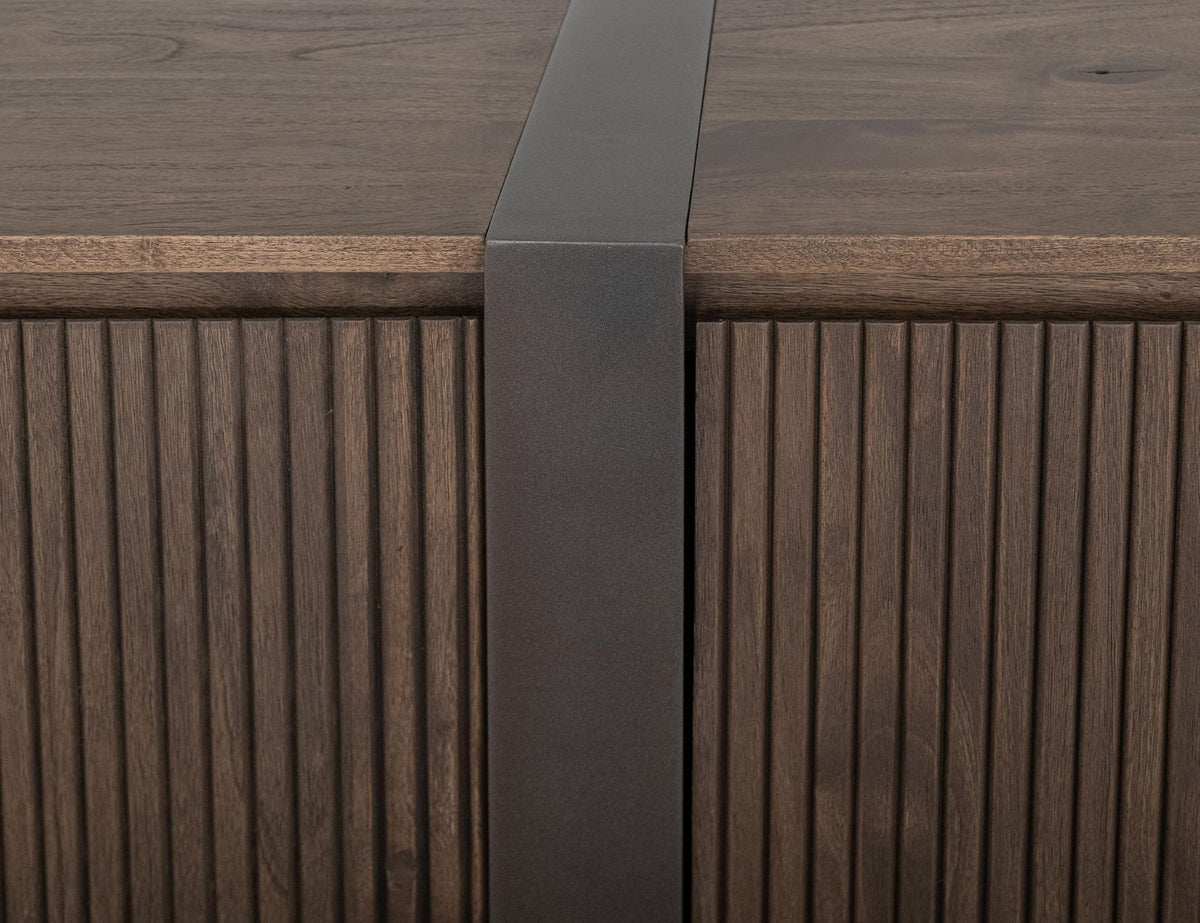 69" Brown Distressed Wood And Steel Ribbed Texture Sideboard With Four Doors - HomeRoots - Flyclothing LLC