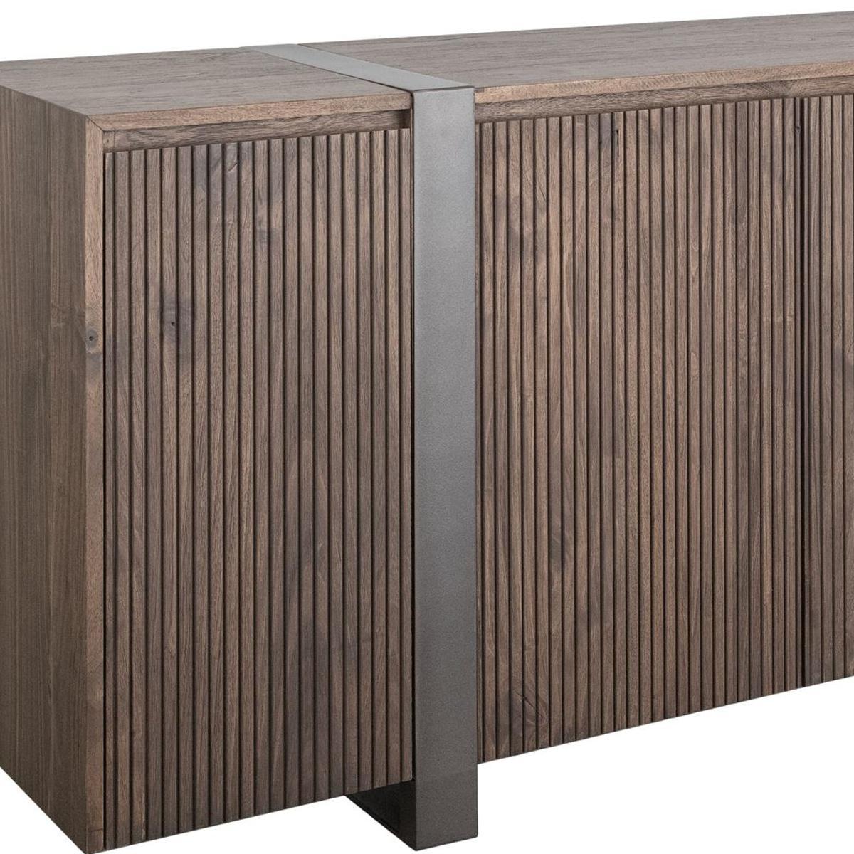 69" Brown Distressed Wood And Steel Ribbed Texture Sideboard With Four Doors - HomeRoots - Flyclothing LLC