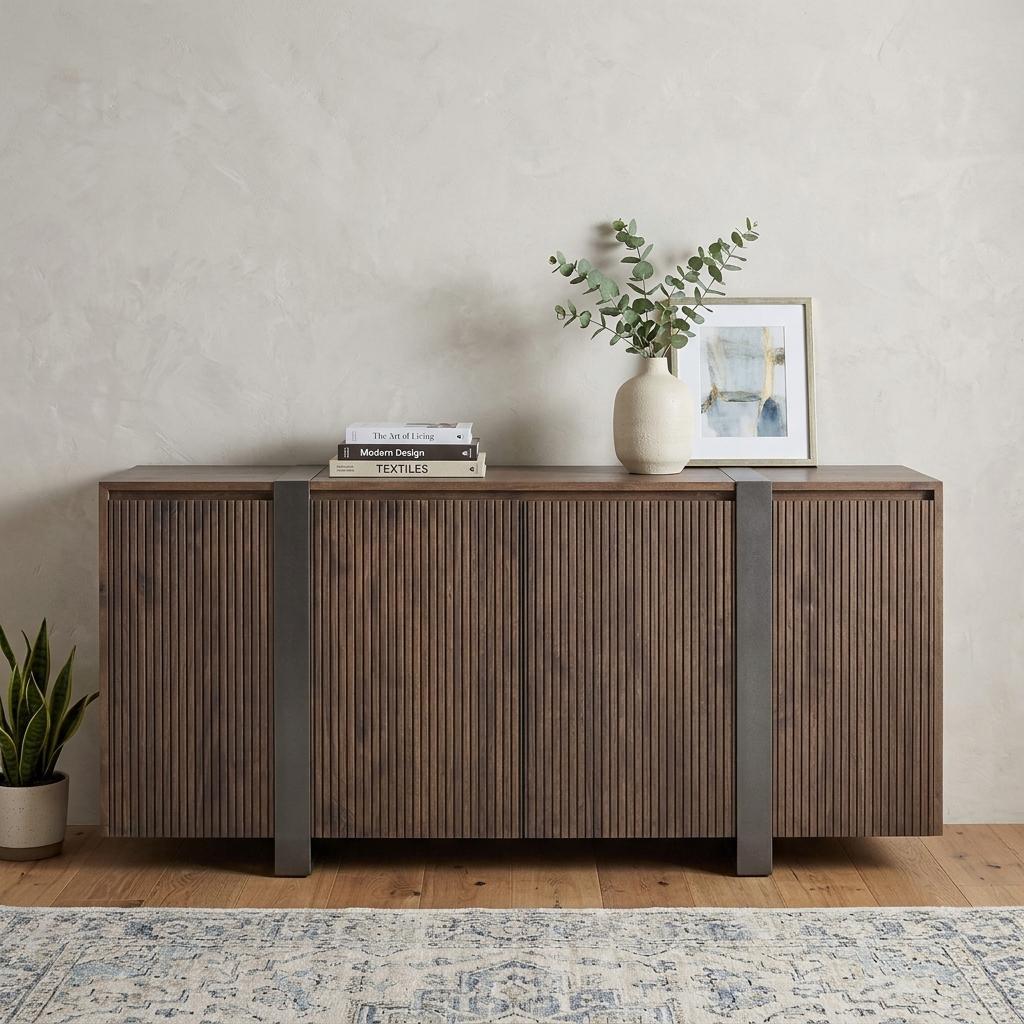 69" Brown Distressed Wood And Steel Ribbed Texture Sideboard With Four Doors - HomeRoots - Flyclothing LLC