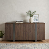 69" Brown Distressed Wood And Steel Ribbed Texture Sideboard With Four Doors - HomeRoots - Flyclothing LLC