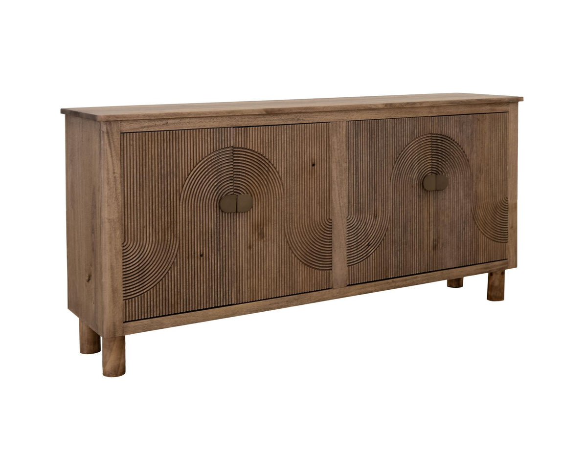 69" Brown Distressed Wood Carved Geometric Sideboard With Four Doors - HomeRoots - Flyclothing LLC