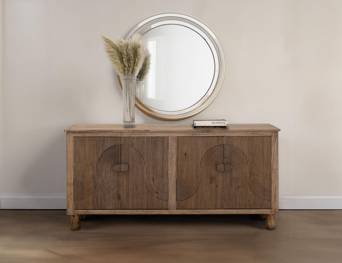 69" Brown Distressed Wood Carved Geometric Sideboard With Four Doors - HomeRoots - Flyclothing LLC