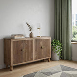 69" Brown Distressed Wood Carved Geometric Sideboard With Four Doors - HomeRoots - Flyclothing LLC