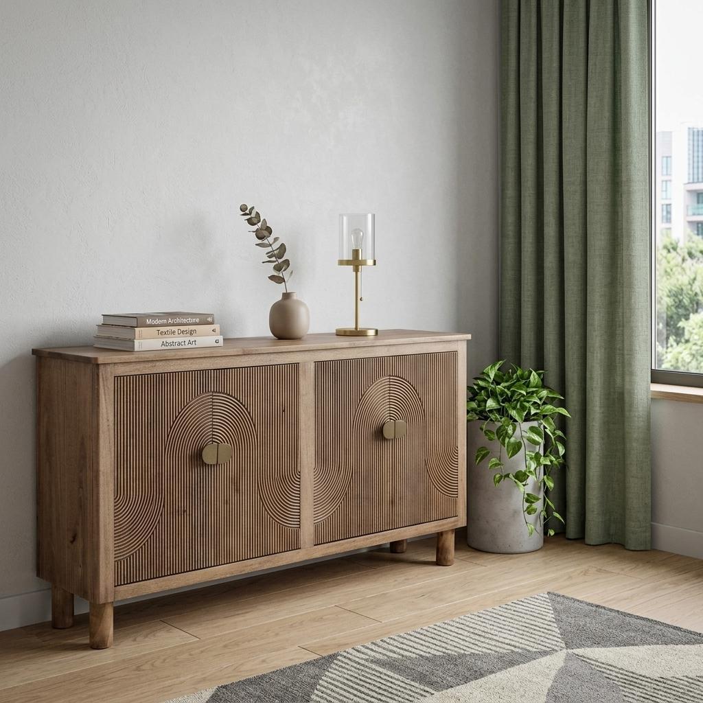 69" Brown Distressed Wood Carved Geometric Sideboard With Four Doors - HomeRoots - Flyclothing LLC