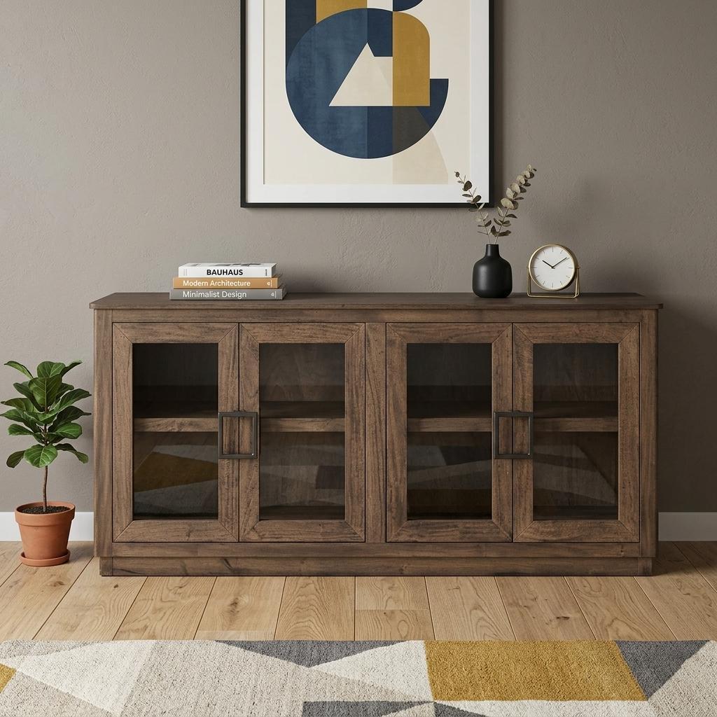 68" Brown Distressed Wood Sideboard With Four Glass Doors - HomeRoots - Flyclothing LLC