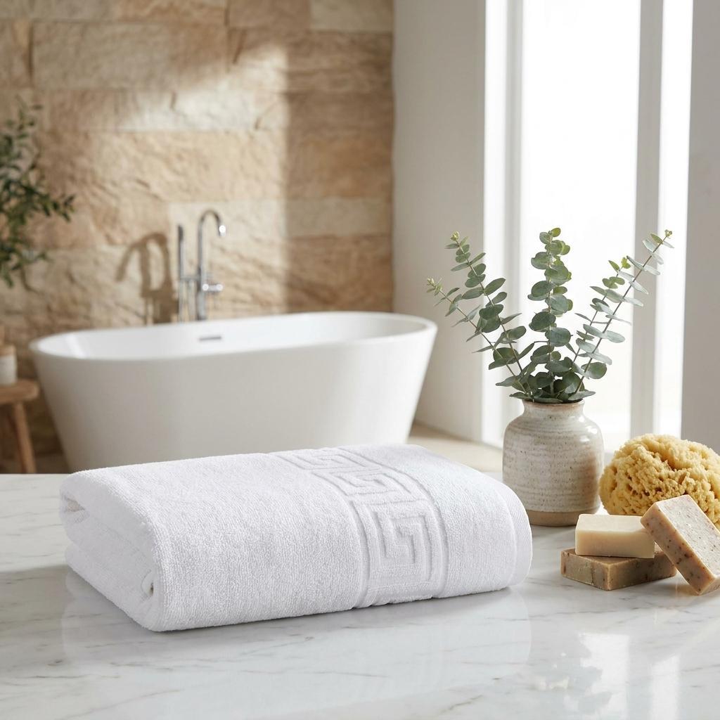 Set of Two White Greek Key Turkish Cotton 16" X 30" Hand Towels - HomeRoots - Flyclothing LLC