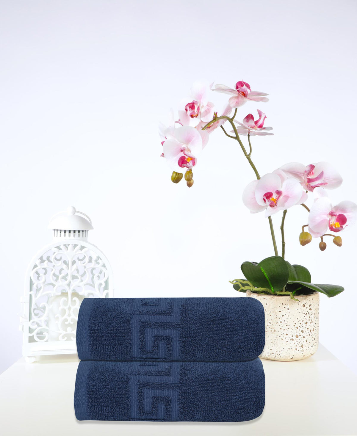 Set of Two Navy Blue Greek Key Turkish Cotton 16" X 30" Hand Towels - HomeRoots - Flyclothing LLC