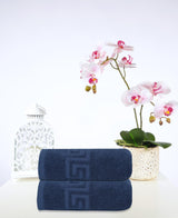 Set of Two Navy Blue Greek Key Turkish Cotton 16" X 30" Hand Towels - HomeRoots - Flyclothing LLC
