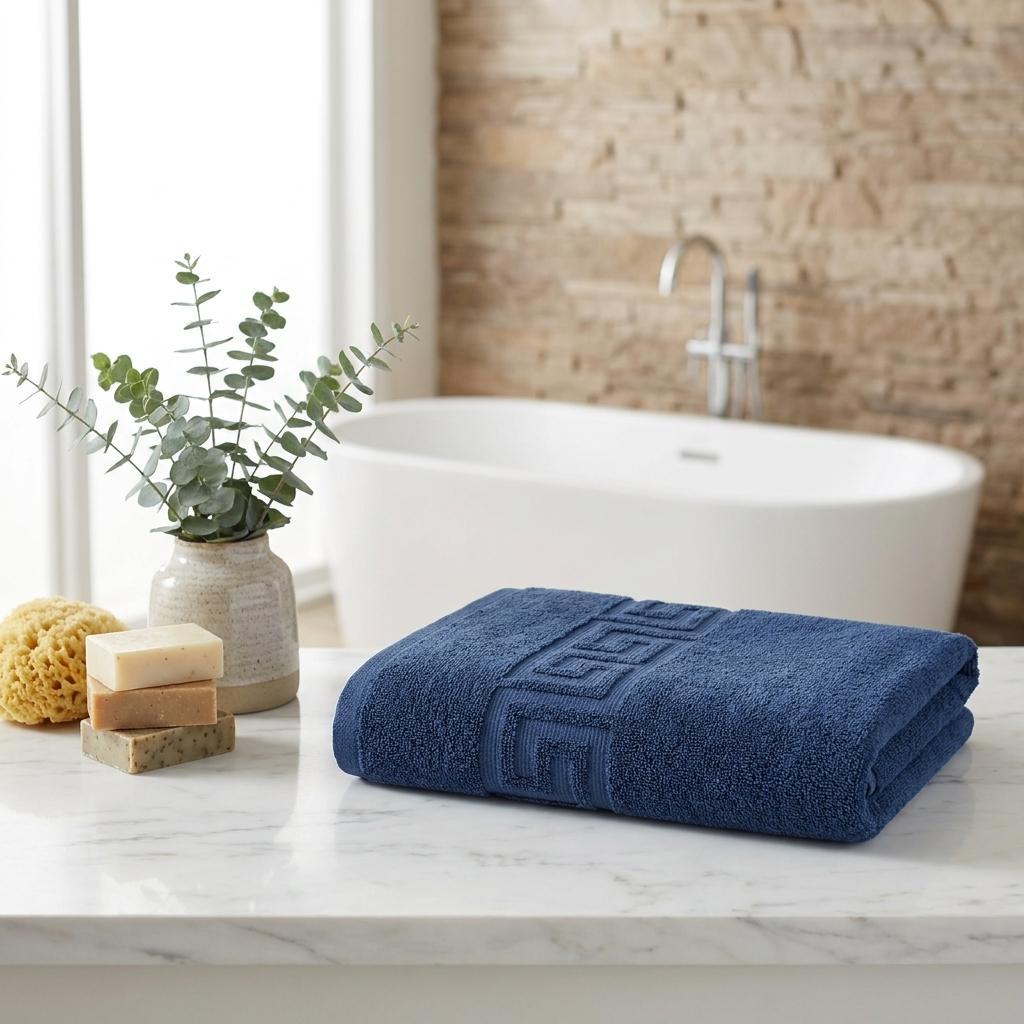 Set of Two Navy Blue Greek Key Turkish Cotton 16" X 30" Hand Towels - HomeRoots - Flyclothing LLC