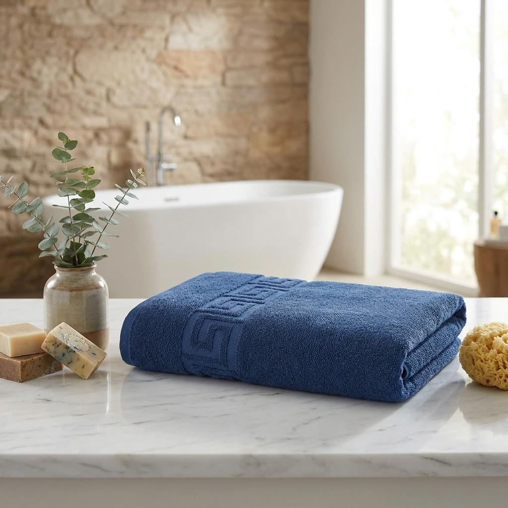 Set of Two Navy Blue Greek Key Turkish Cotton 27" X 54" Bath Towels - HomeRoots - Flyclothing LLC
