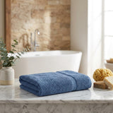 Set of Two Navy Blue Chevron Turkish Cotton 27" X 54" Bath Towels - HomeRoots - Flyclothing LLC
