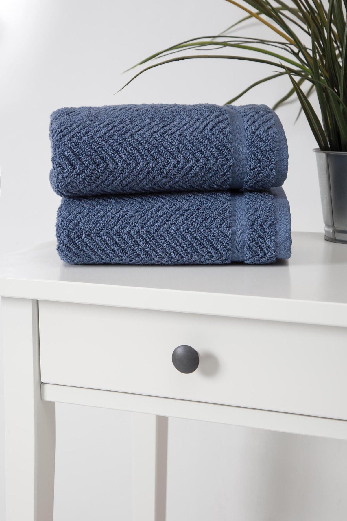 Set of Two Navy Blue Chevron Turkish Cotton 16" X 30" Hand Towels - HomeRoots - Flyclothing LLC